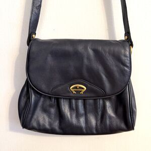 Vintage Etienne Aigner Navy Blue Leather Crossbody Bag Purse Adjustable Strap